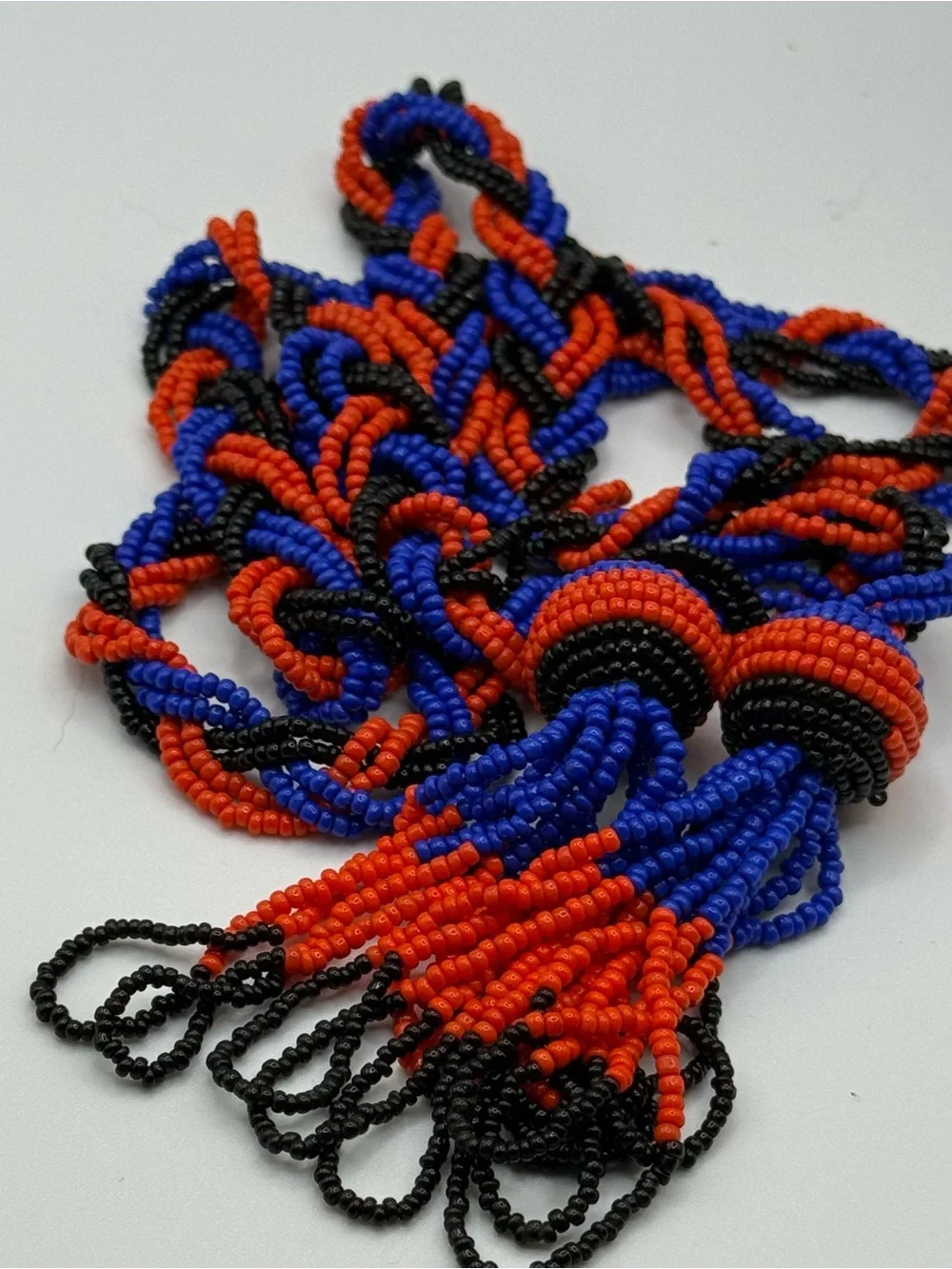 Braided Seed Bead Long Necklace - Blue, Red & Black